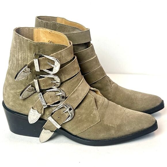TOGA PULLA Suede Buckle Western Ankle Boots Booties Silver Hardware Sz 7 - Picture 1 of 14
